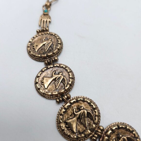 Vintage Designer Gold Tone Coin Necklace With Angel Motif Turquoise Accents - Picture 6 of 11